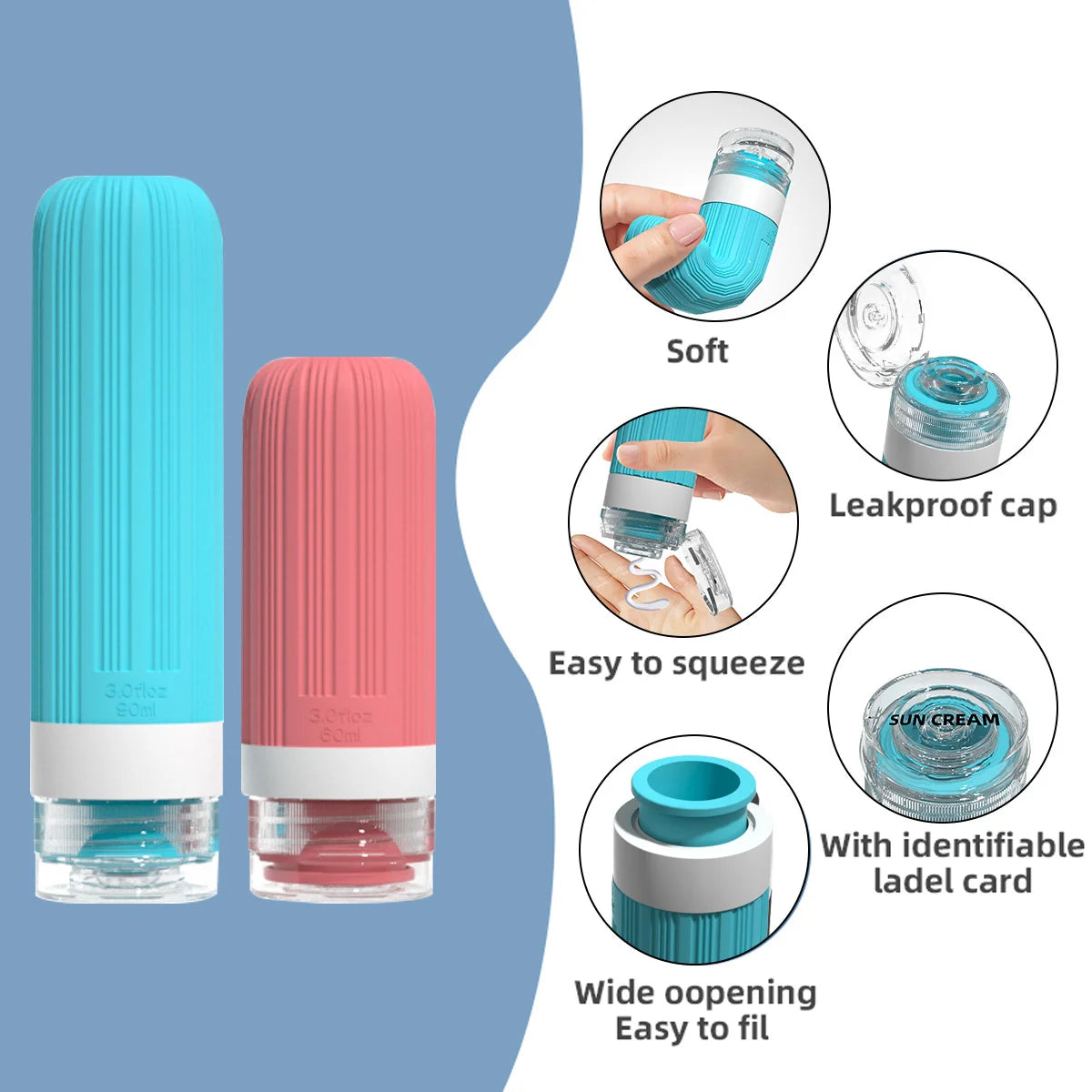 Silicone Travel Bottles Set, Portable Shampoo & Shower Gel Containers, Small Sample Storage, Ideal for Outdoor Trips Peaceful Pleasures Health and Wellness