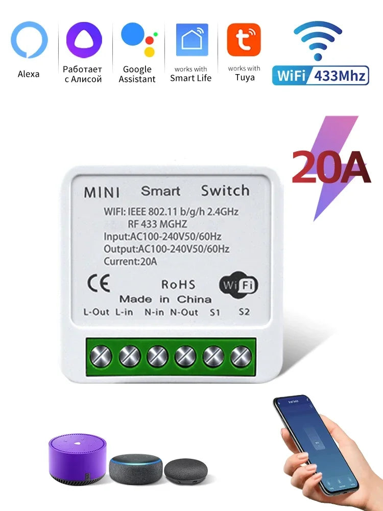 Tuya Smart WiFi Switch 16A 20A Breaker RF433Mhz Relay Module 2-way Control Smart Life APP Remote Support Alexa Google Home Peaceful Pleasures Health and Wellness RF433Mhz WiFi 20A