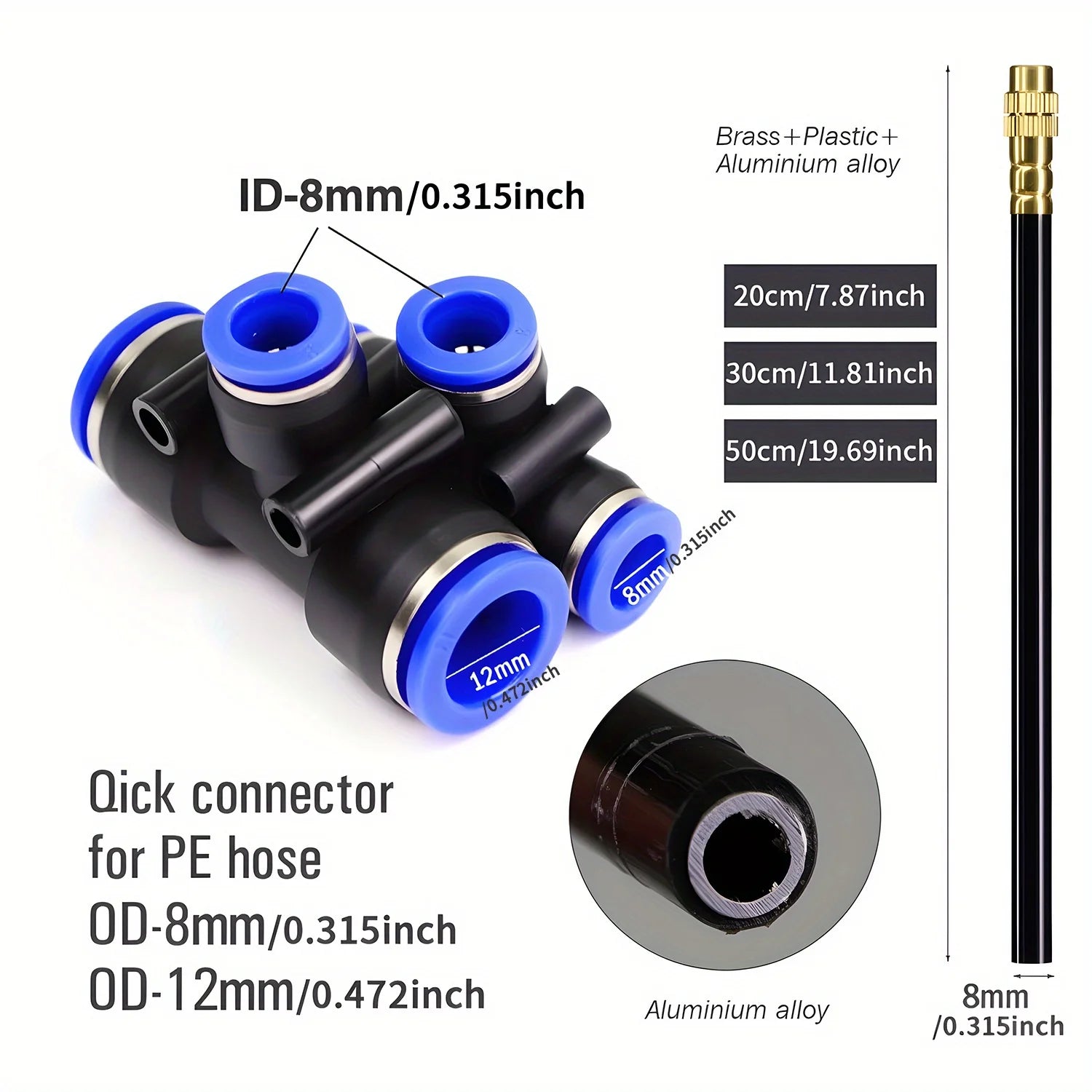 5PC Adjustable Brass Misting Nozzle with Tee Quick Connector for OD-8mm OD-12mmPE Hose Sprayer Garden Plants Atomizing Sprinkler Peaceful Pleasures Health and Wellness