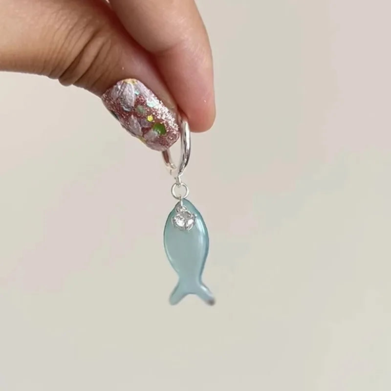 New Fashion Chinese Style Mint Mambo Mother of Pearl Small Fish Ear Button Women's Retro Forest Handmade Tassel Studded Earrings Peaceful Pleasures Health and Wellness