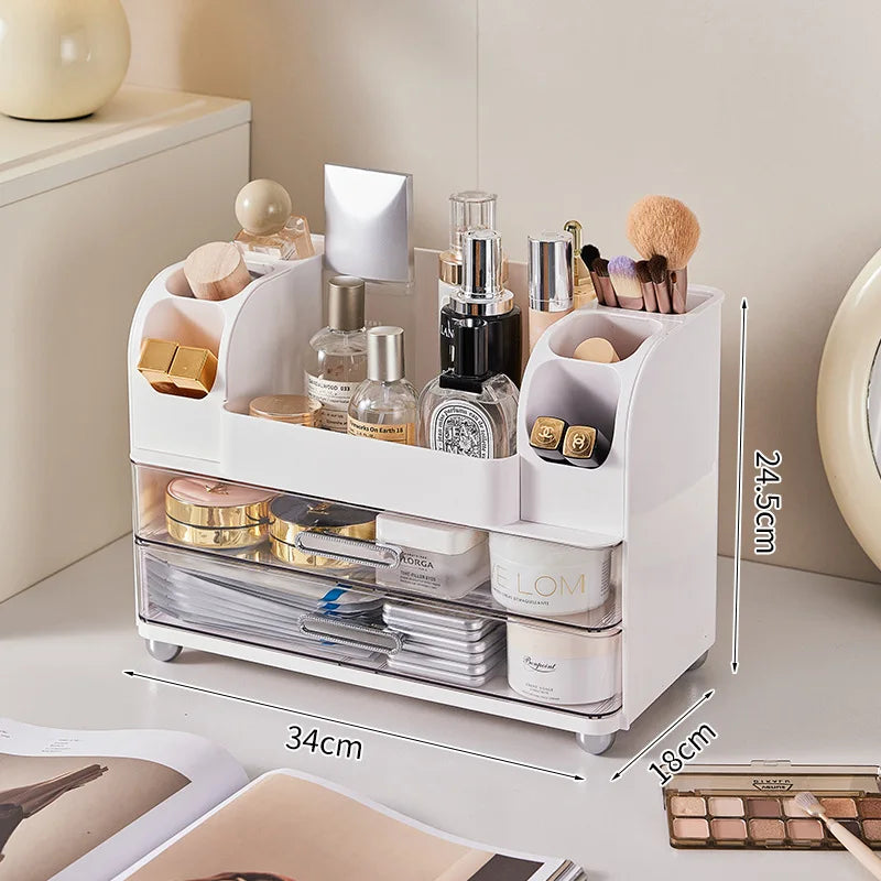 Vanity Cosmetic Organizer Large Capacity Desktop Makeup Storage Box Dustproof Drawers Multi-Functional Skincare Display Case Peaceful Pleasures Health and Wellness White