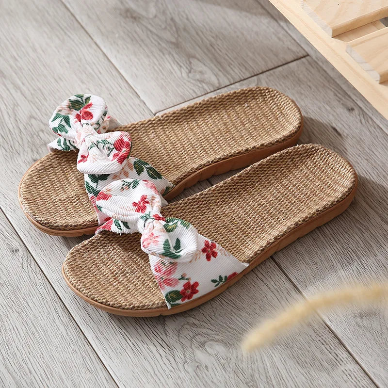 Women's Boho Linen Flip Flops – Bowknot Beach Slippers