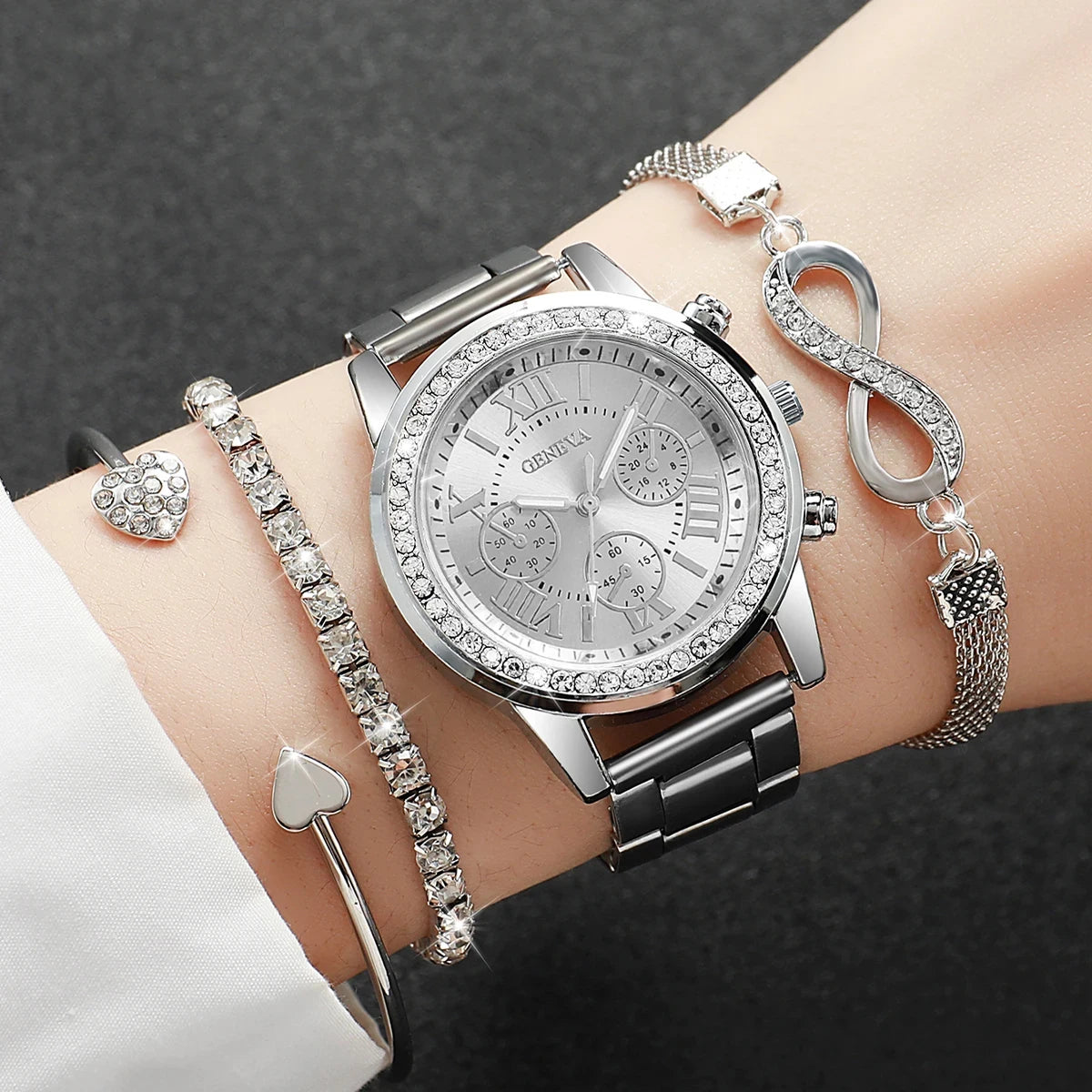 4PCS/Set Fashion Rhinestone Women Watches Luxury Steel Band Ladies Quartz Watch Bracelets Set Reloj Mujer（Without Box） Peaceful Pleasures Health and Wellness B Silver Without Box