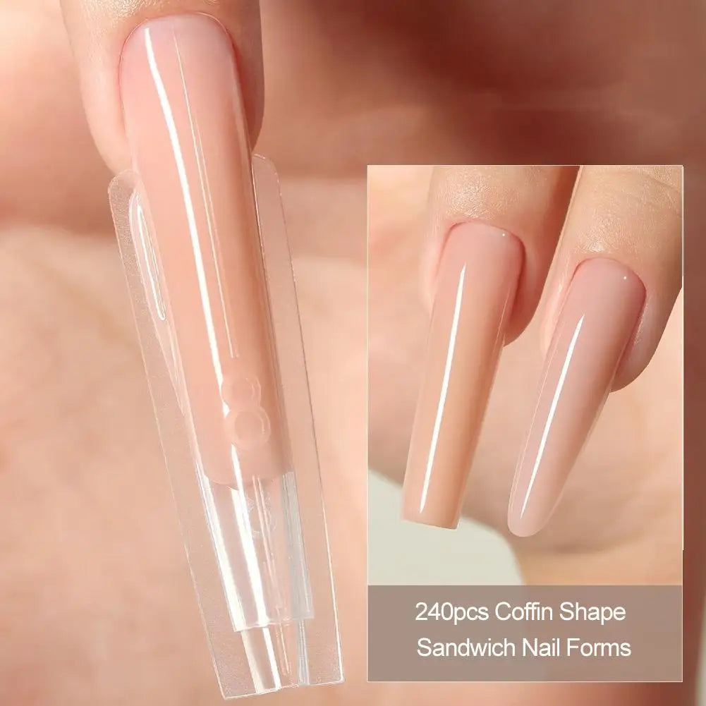 240pcs Sandwich Dual Nail Form Mold Reusable Full Cover Mold Clear Nail Art Extension Tool Nail Shaping Tool Peaceful Pleasures Health and Wellness
