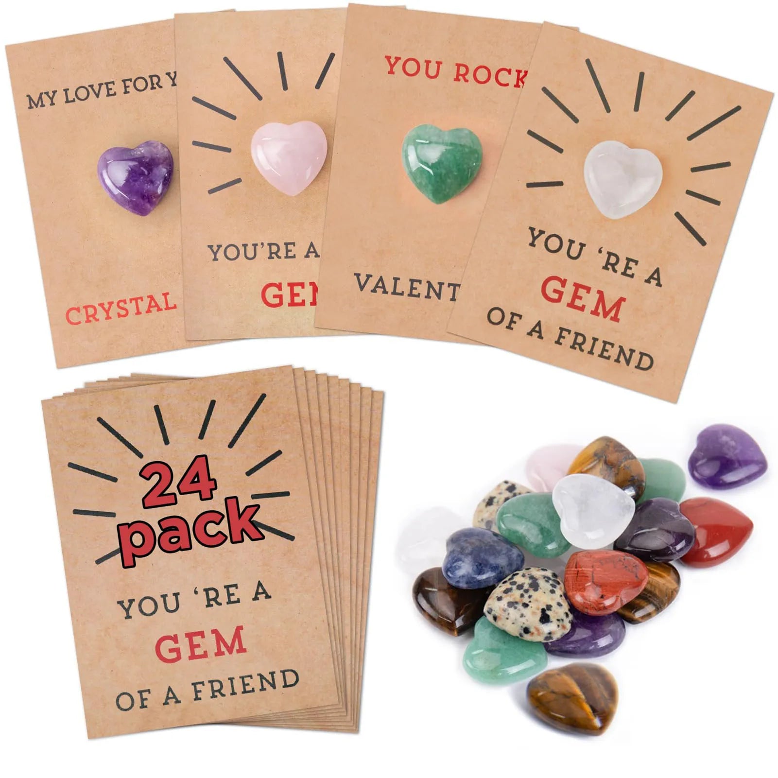 Creative Cards with Heart Shape Crystal Stones Sweet Delicate Exquisite Craftasmanship Gift Cards for Present Blessing Cards Peaceful Pleasures Health and Wellness 24pcs