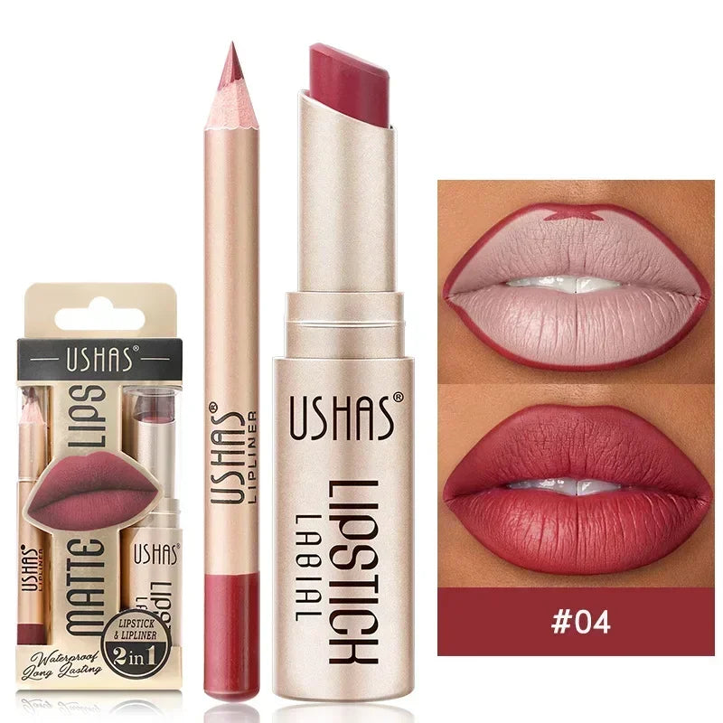 Professional 2 In 1 Lip Liner Lipstick Set Matte Finish High Pigment Long Lasting Waterproof Sweatproof Cosmetic Beauty Makeup Peaceful Pleasures Health and Wellness S4