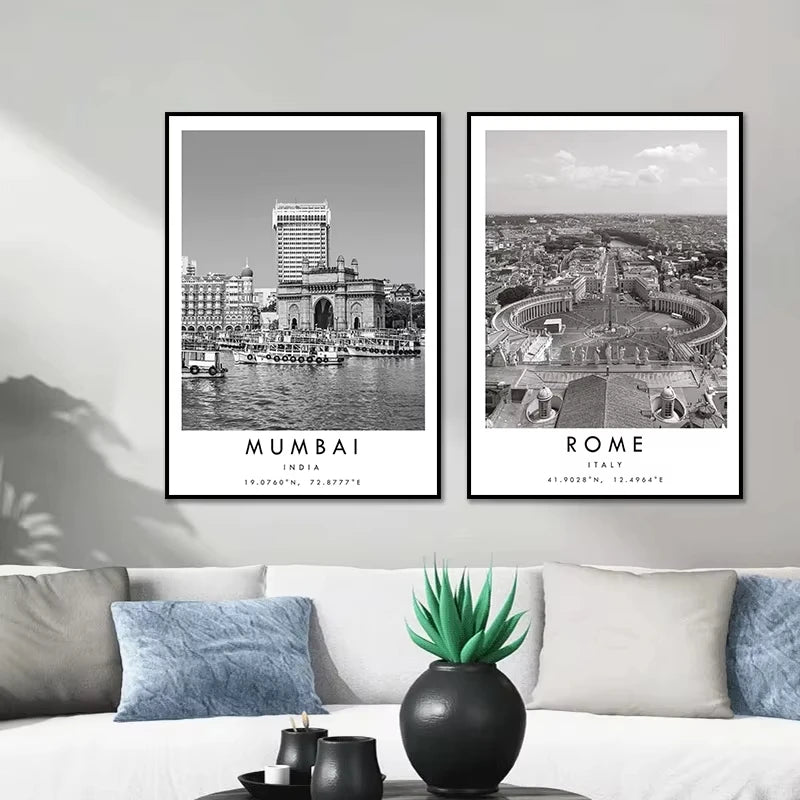 Black & White Cities Canvas Wall Art | Rome Florence Berlin Print