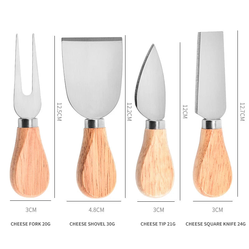 4 Piece Stainless Steel Cheese Knives Set Wood Handle Butter Cheese Cutter Jam Cream Spatula Pizza Knife Kitchen Utensils Set Peaceful Pleasures Health and Wellness