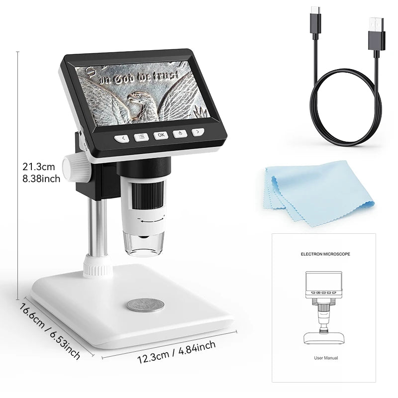 4.3" IPS Digital Microscope 1600X 2MP USB Electron Microscope Professional for PCB Watch Repair Coins Checking Peaceful Pleasures Health and Wellness WHITE