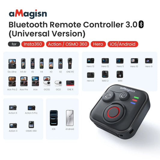 AMagisn Bluetooth Remote for Insta360, GoPro & DJI | 76m Range Camera Remote Control Oasis Select