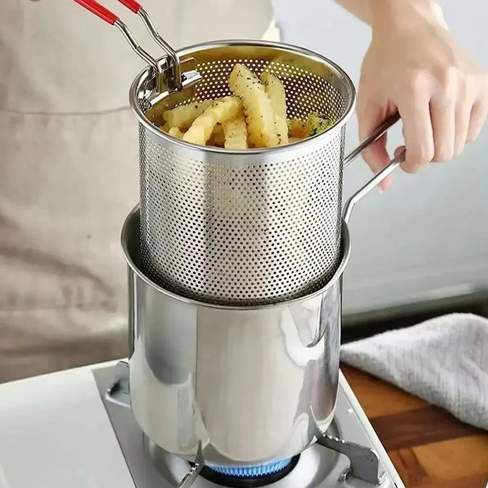 Stainless Steel Deep Fryer with Basket for Home and Commercial Use Non-Slip Base Cool Handle Ideal for Tempura and Chicken Peaceful Pleasures Health and Wellness