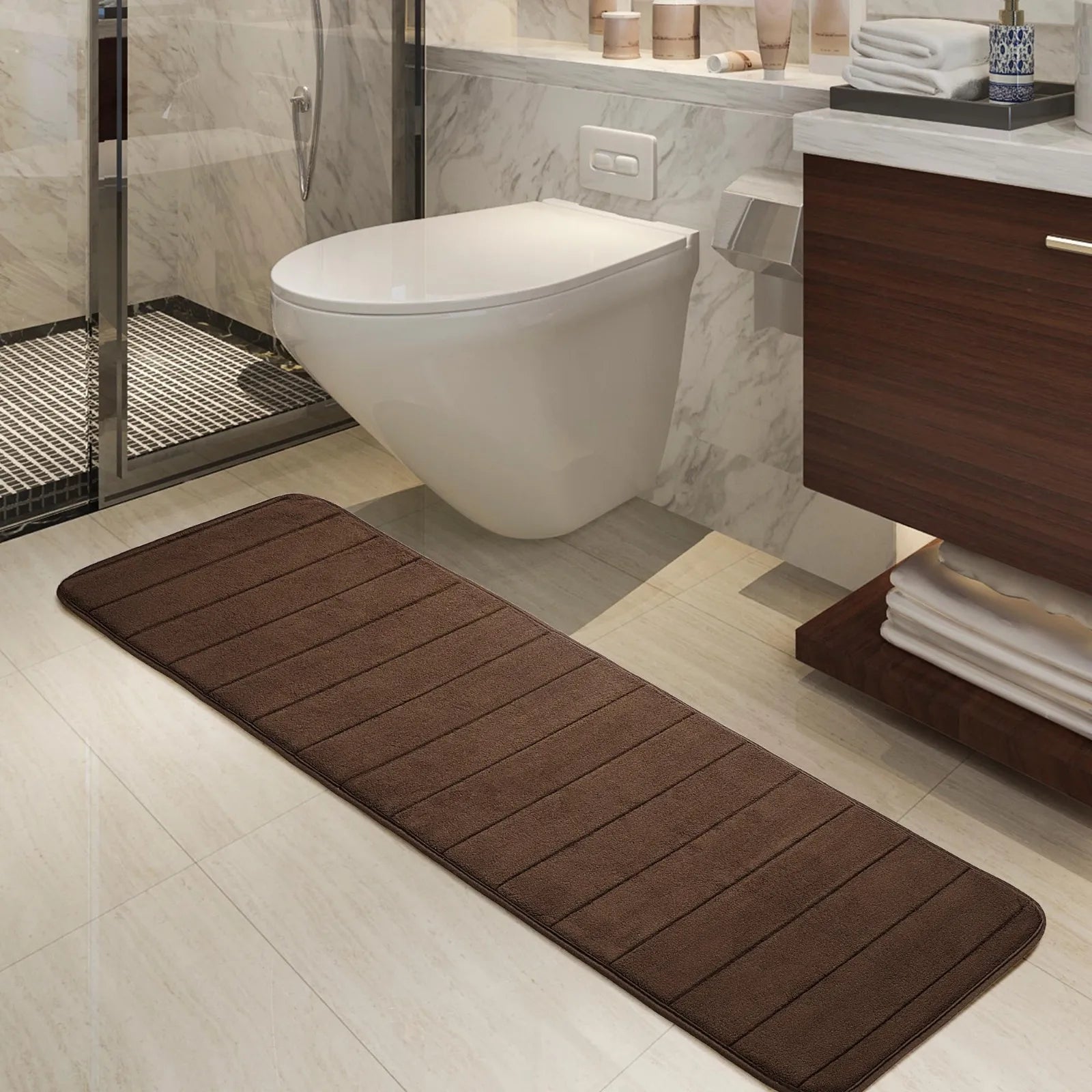 Long Oversized Bathroom Rug Memory Foam Bath Mat in Brown Textured Stripes Extra Long Non-Slip Absorbent Runner for Shower Peaceful Pleasures Health and Wellness