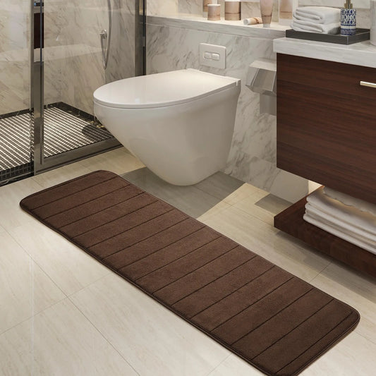 Long Oversized Bathroom Rug Memory Foam Bath Mat in Brown Textured Stripes Extra Long Non-Slip Absorbent Runner for Shower Peaceful Pleasures Health and Wellness