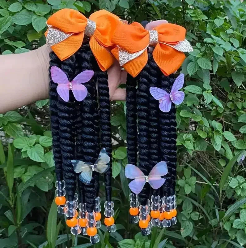 2pack Hair 8inch Kids Braided Ponytail with Beads and Bow Customized Kids Braided Ponytail with Beds Beads and Butterfly Peaceful Pleasures Health and Wellness Orange