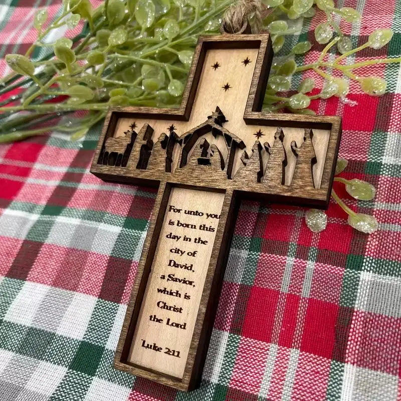 3D Nativity Scene Wooden Cross Ornament | Handmade Christmas Decor Christmas Tree Ornament Peaceful Pleasures Health and Wellness