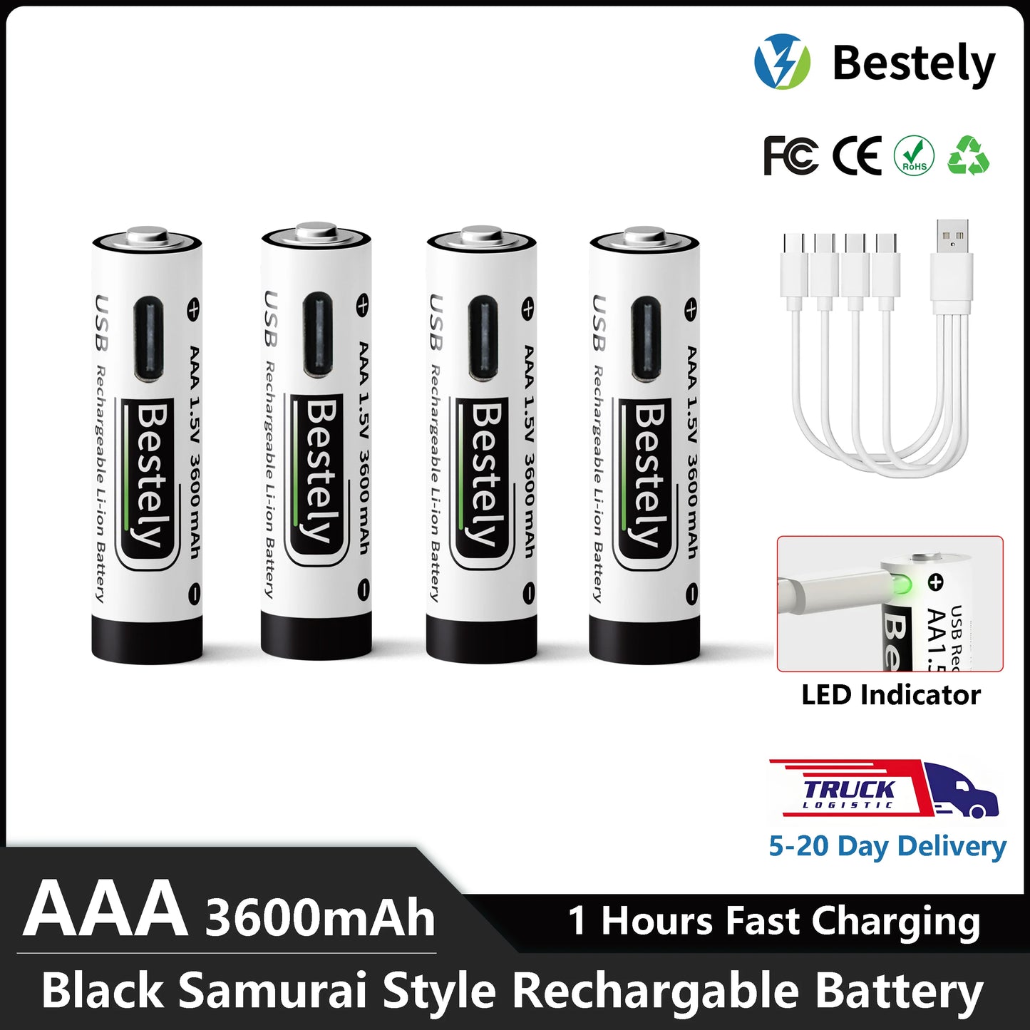 AAA Battery Rechargeable Li-Ion 1.5V 3600mAh 2000 Cycles USB-C Fast Charging Long-Lasting with free USB- C Cable Peaceful Pleasures Health and Wellness