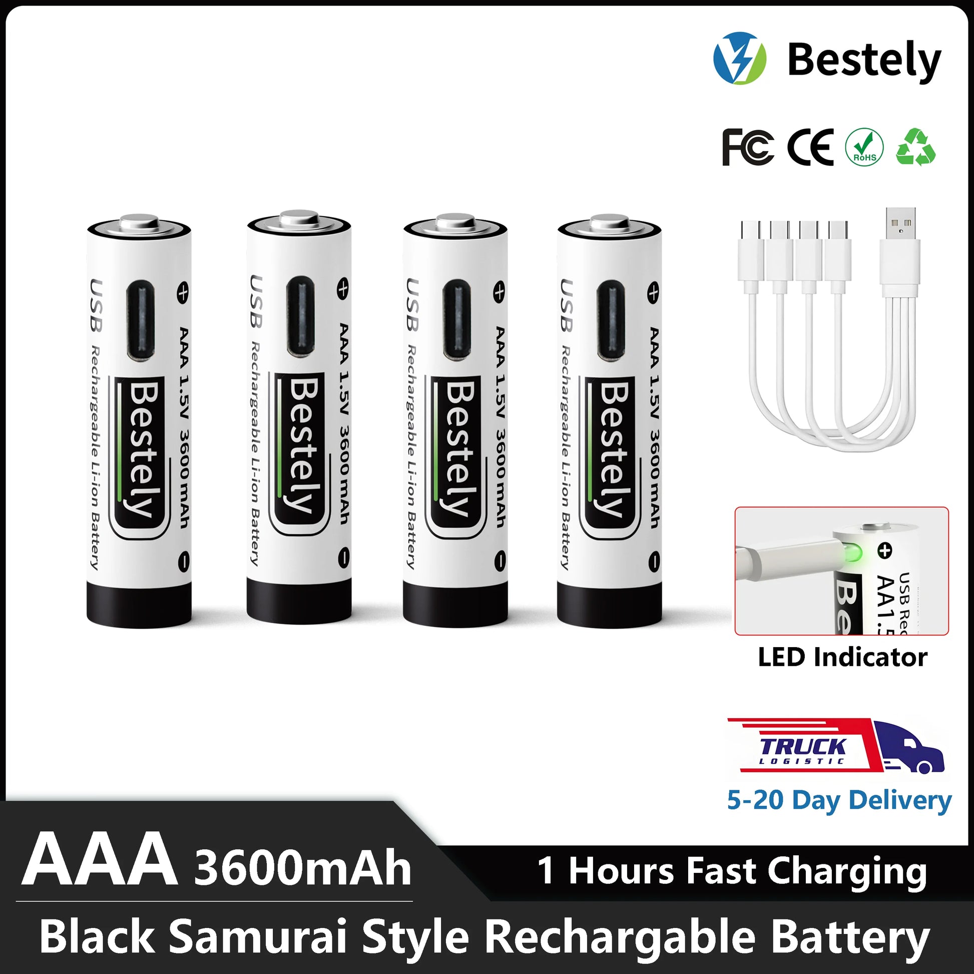 AAA Battery Rechargeable Li-Ion 1.5V 3600mAh 2000 Cycles USB-C Fast Charging Long-Lasting with free USB- C Cable Peaceful Pleasures Health and Wellness
