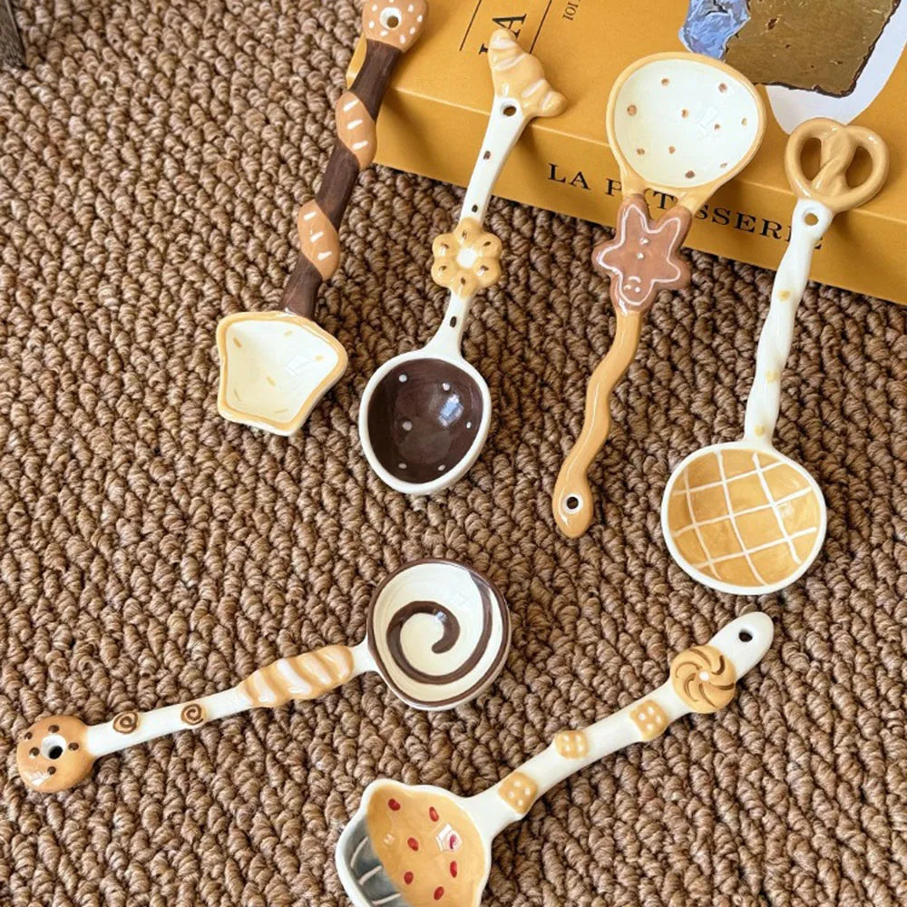 High Aesthetic Ceramic Long Handled Spoon Cute Baking Bread and Biscuit Design Household Rice Spoon Soup Spoon Underglaze Color Peaceful Pleasures Health and Wellness