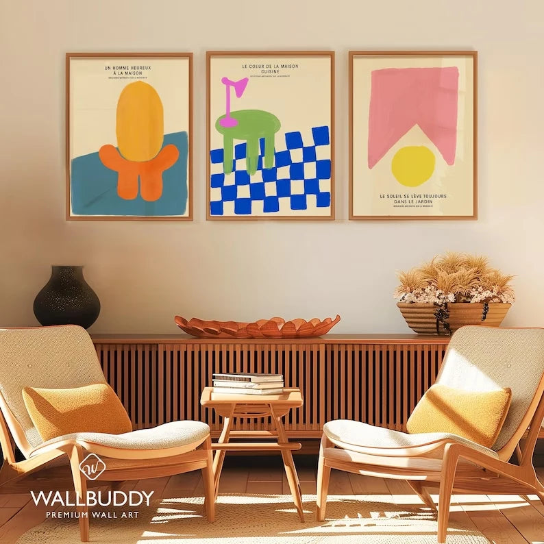 3-Piece Modern Abstract French Colorful Canvas Wall Art Print