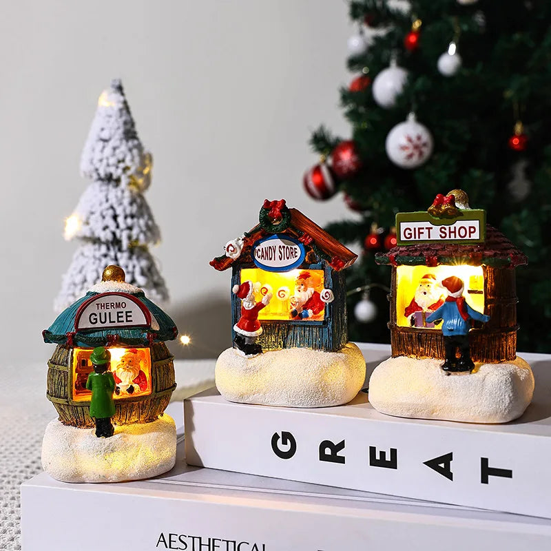 New Christmas Resin Small House Santa Claus Shop Micro Landscape Resin Ornaments Christmas Decorations Desktop Ornament Lights Peaceful Pleasures Health and Wellness