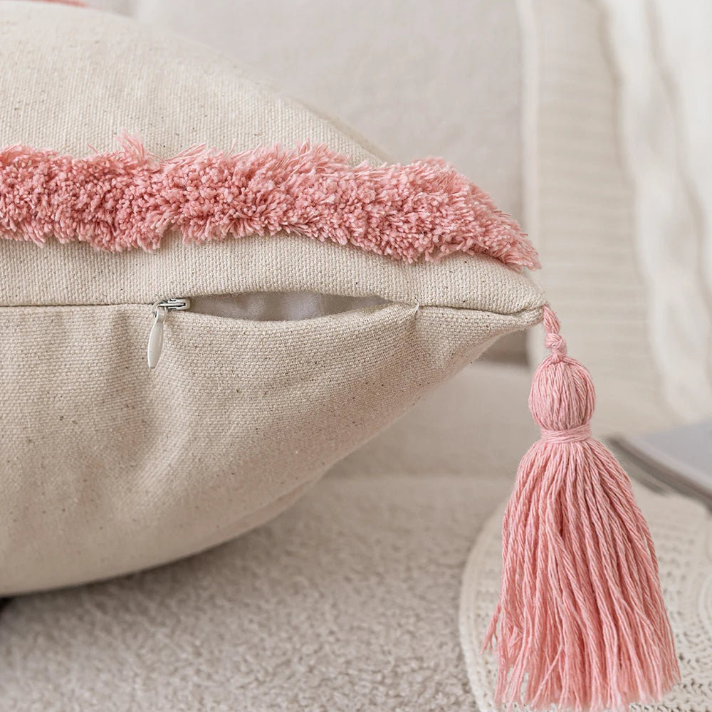 Woven Tufted Decorative Pillow Cover with Tassel Pink Boho Linen Cotton Pillowcase for Bed Living Room Sofa Cushion Home Decor Peaceful Pleasures Health and Wellness