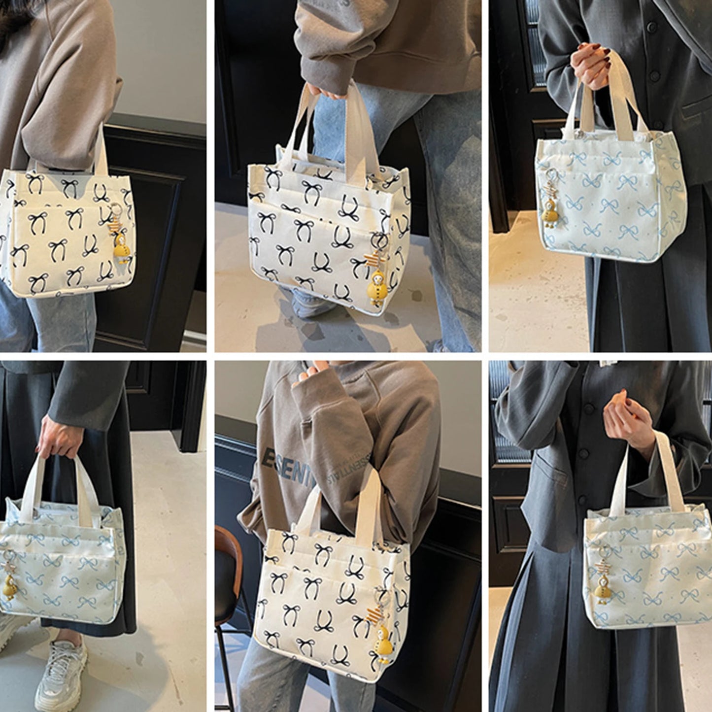 Canvas Lunch Bag With Bow Pattern Pendant Lightweight Bento Tote For Women For Office Commute Travel Picnic Food Storage Peaceful Pleasures Health and Wellness