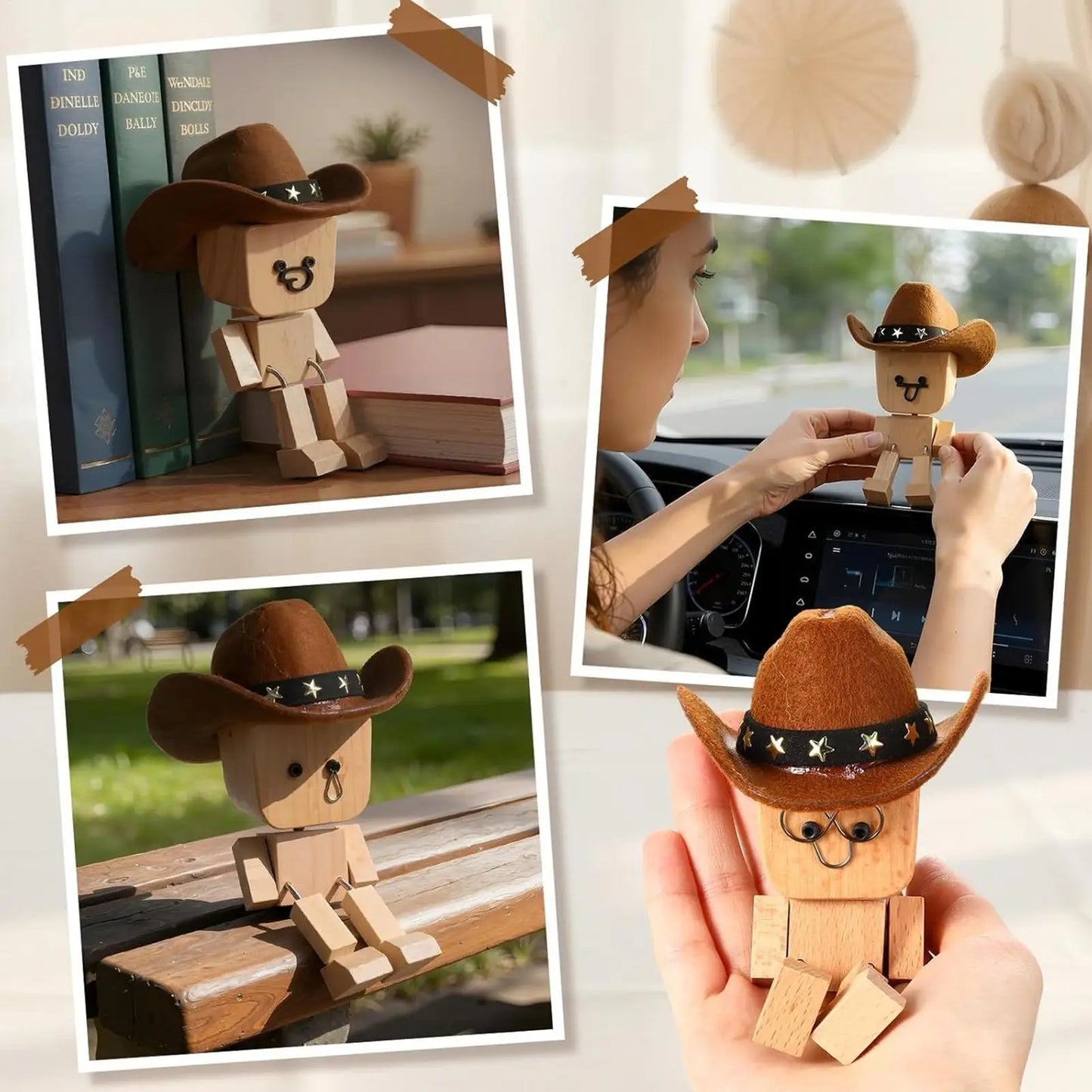 Wobbly Wooden Cowboy Figurine | Spring Shaking Dashboard Toy Novelty Desk Figurine Peaceful Pleasures Health and Wellness