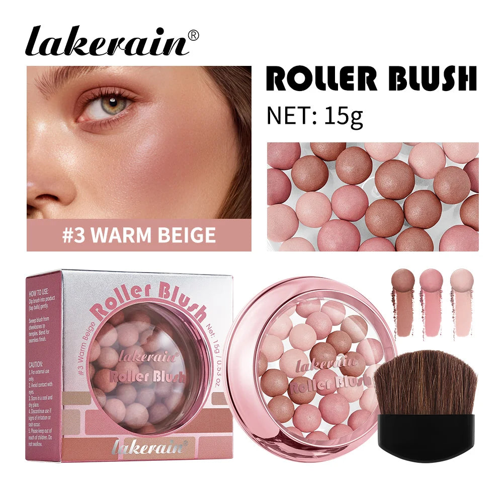 Lakerain Roller Blush Long-lasting Holding Natural Makeup Spherical Appearance Design Powdery Texture Pearlescent Effect Blush Peaceful Pleasures Health and Wellness Warm Beige