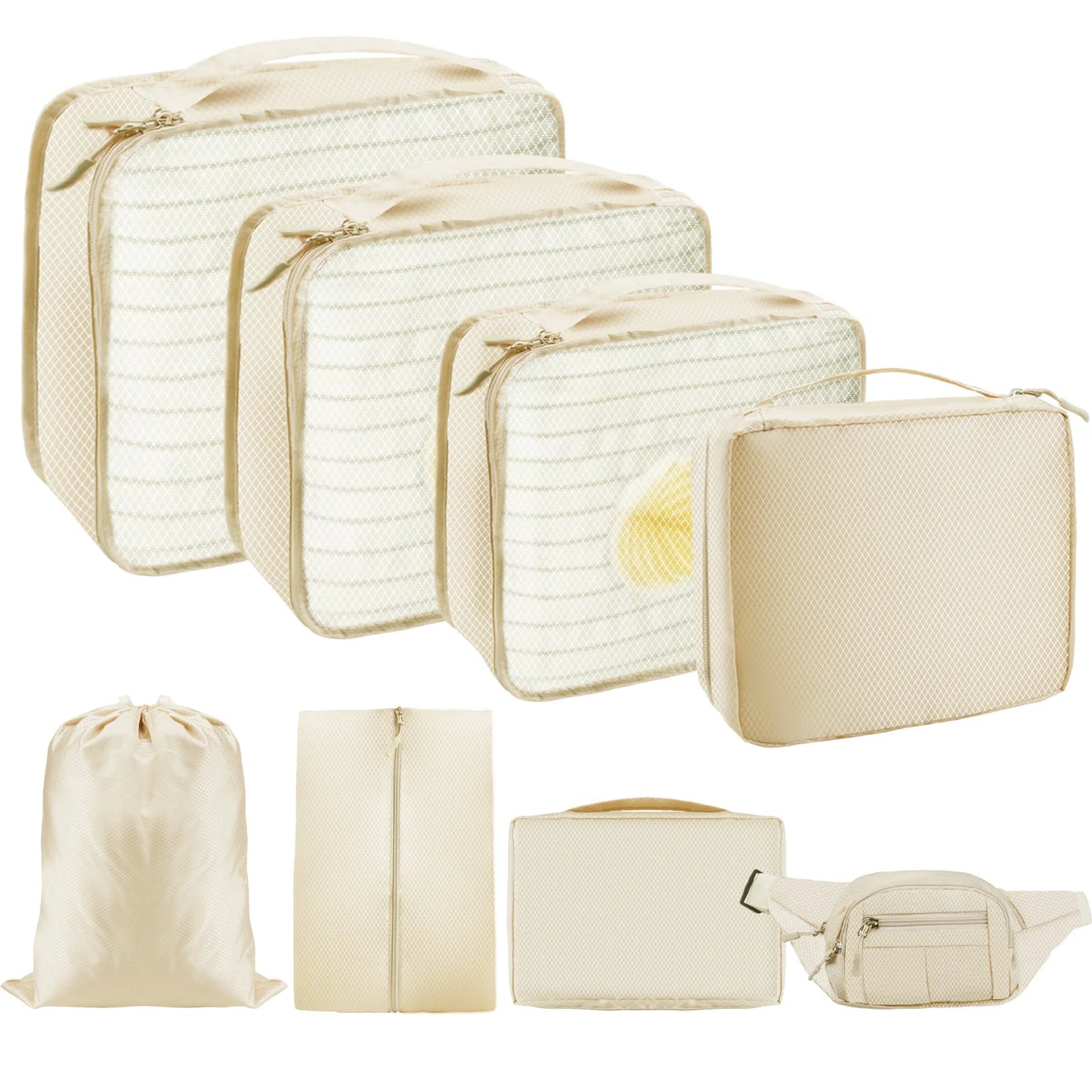 5/8pc Set Compression Packing Cube Extensible Waterproof Organizer Bags for Travel Suitcase Clothing Luggage Sorting W/ Shoe Bag Peaceful Pleasures Health and Wellness 8pcs beige