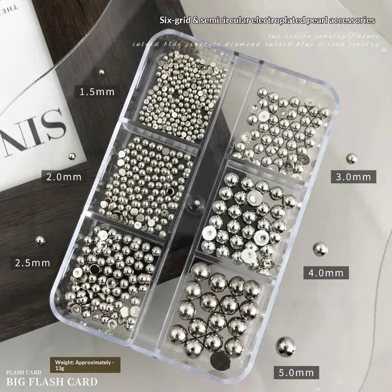 6-Grid Pearl Nail Charms Set – Gold & Silver Manicure Gems