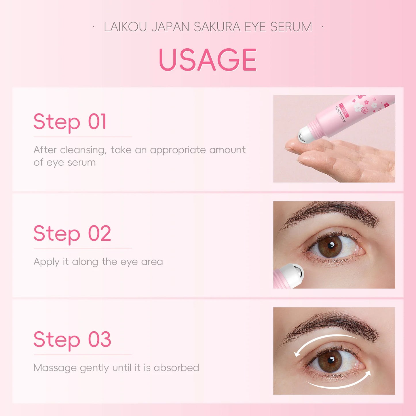 Sakura Eye Bag Repair Serum Roller Massage Cream Anti-Wrinkle Firming Skin Fine Lines Anti Dark Circles Puffiness Brighten Eye Peaceful Pleasures Health and Wellness