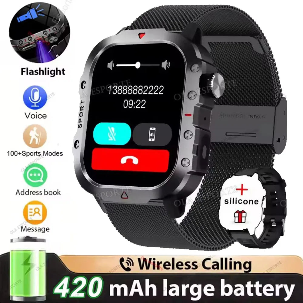 2026 Outdoors Durable Men Sports Smart Watch 1400mAh Battery LED Flashlight Waterproof Bluetooth Call Military Smartwatchs HW12 Peaceful Pleasures Health and Wellness 2.01 Bk22Milan Smartwatch