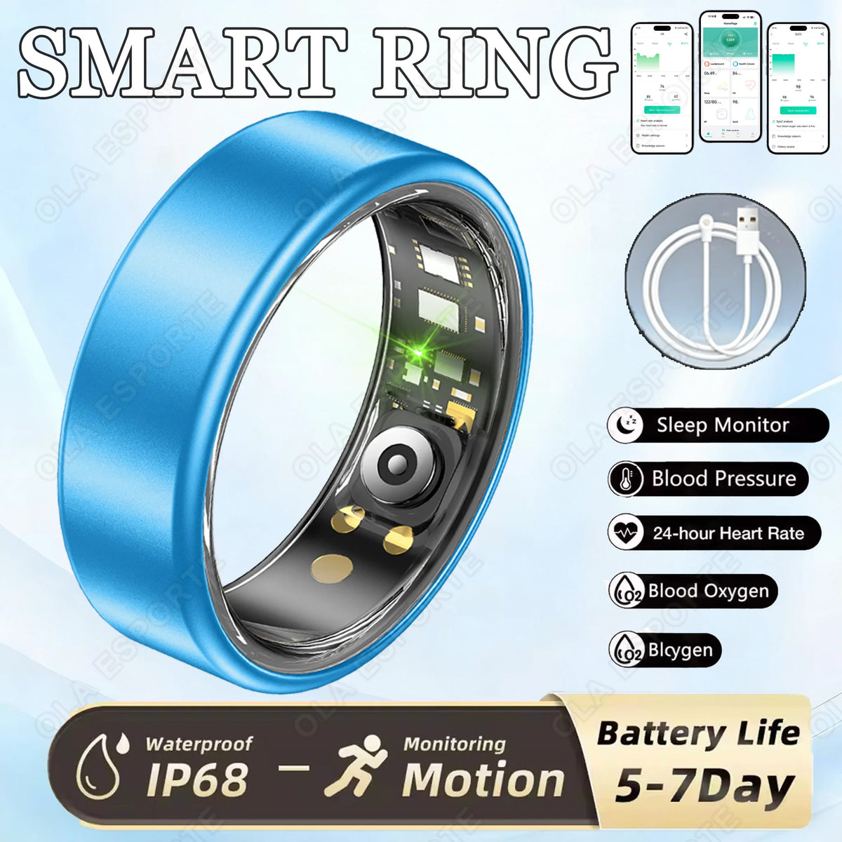 New R09 Smart Ring Men Women with Charging Case,Heart Rate Blood Oxygen,Skin Temperature Monitor,5ATM Waterproof For Android iOS Peaceful Pleasures Health and Wellness Blue 14