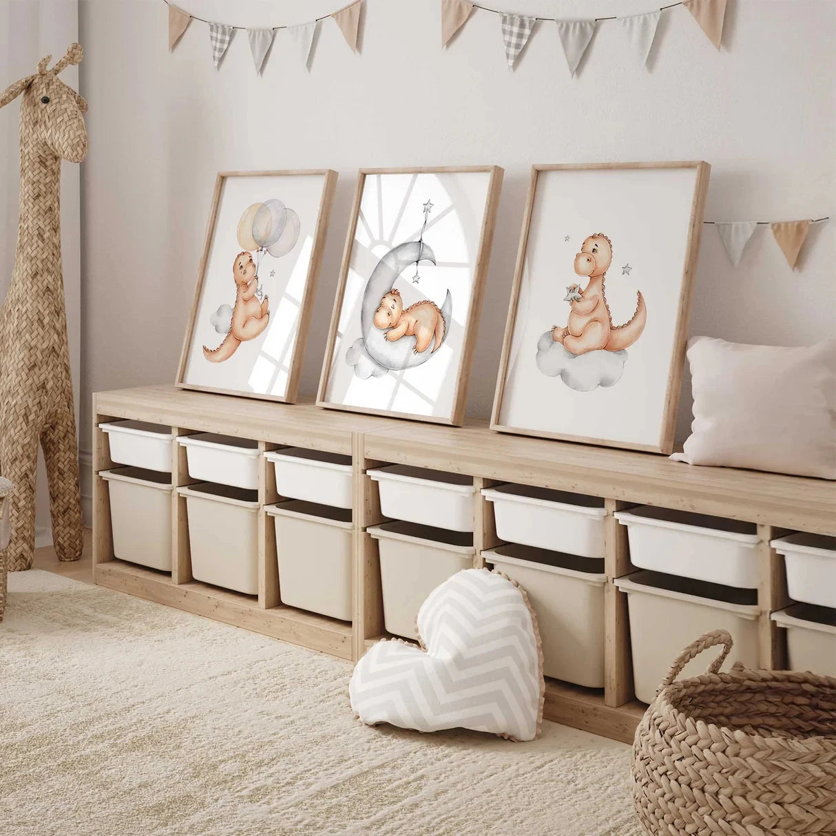 3-Piece Cartoon Dinosaur Kids Canvas Wall Art | Nursery Decor