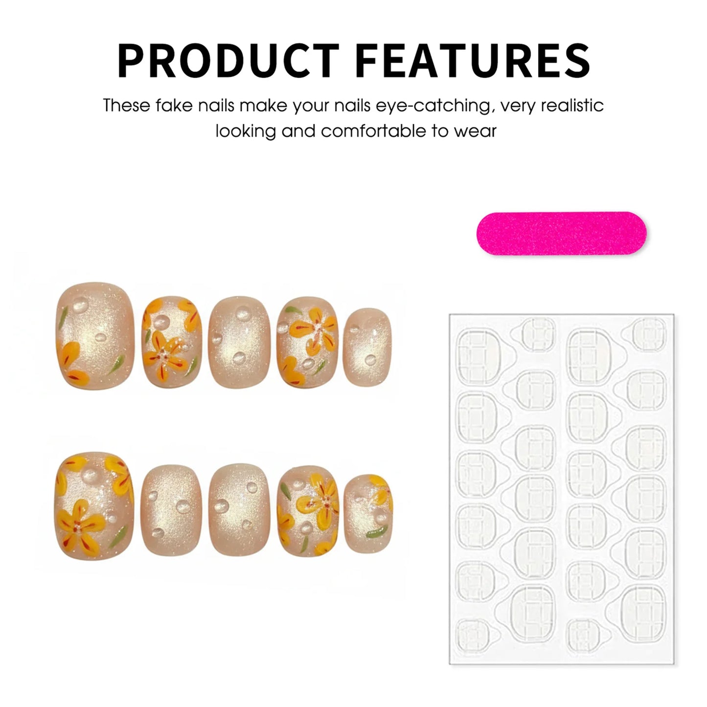 Handmade Press On Nails Nude Pink Cat Eye Floral Short Round