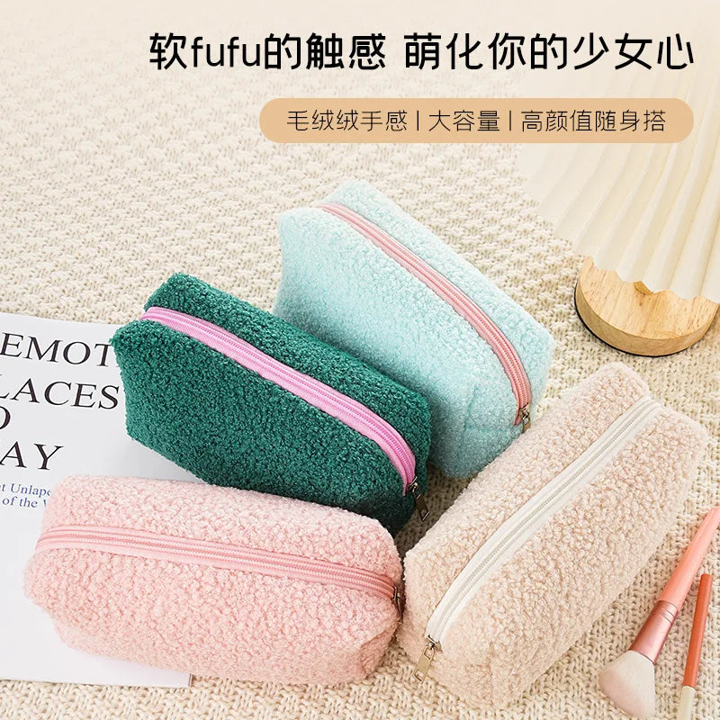 2026 Cute Zipper Plush Large Solid Color Cosmetic Bag Makeup Bag for Women Travel Make Up Toiletry Bag Washing Pouch Pen Pouch Peaceful Pleasures Health and Wellness