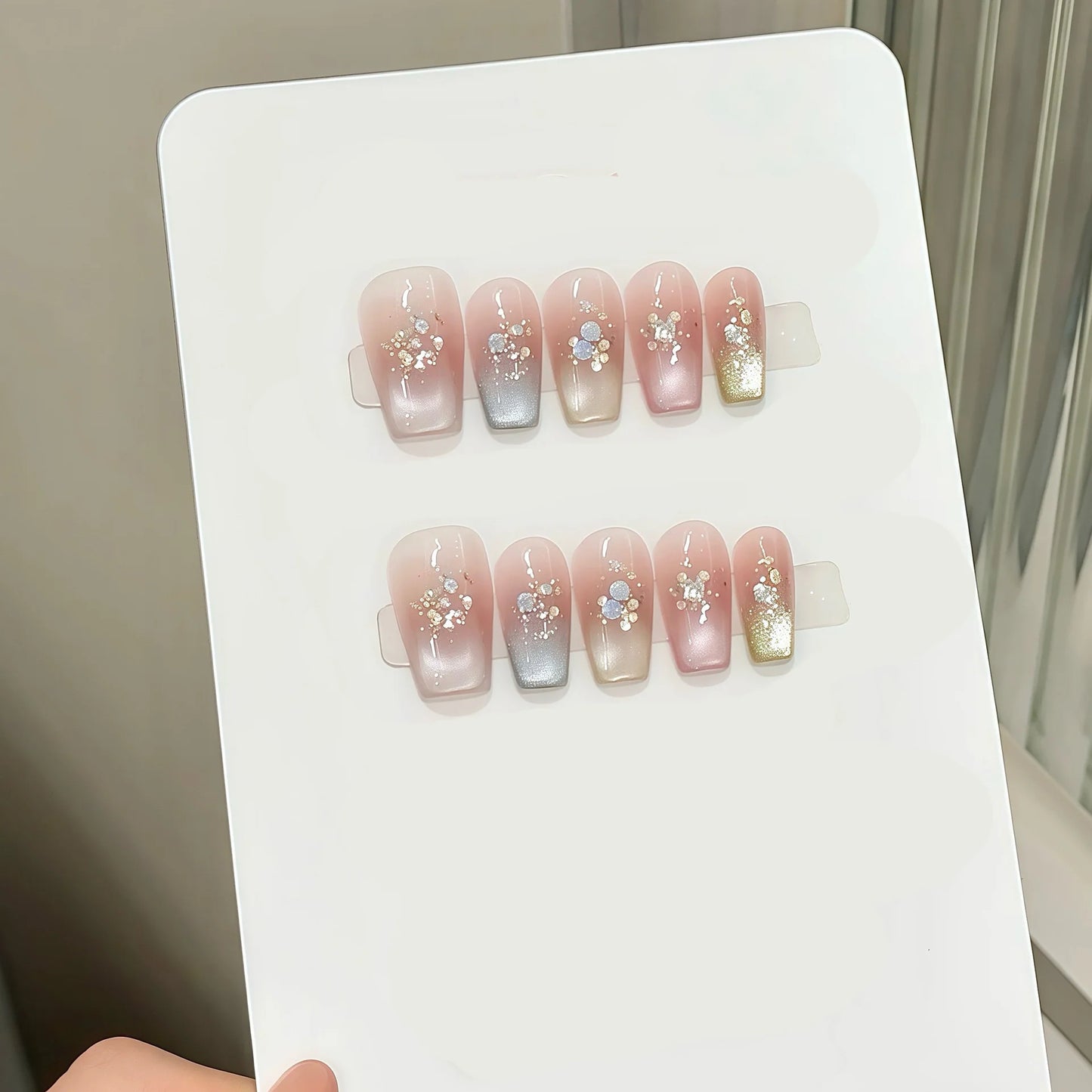 French Cat Eye Press On Nails – Sequin Gradient Tips | 10pcs