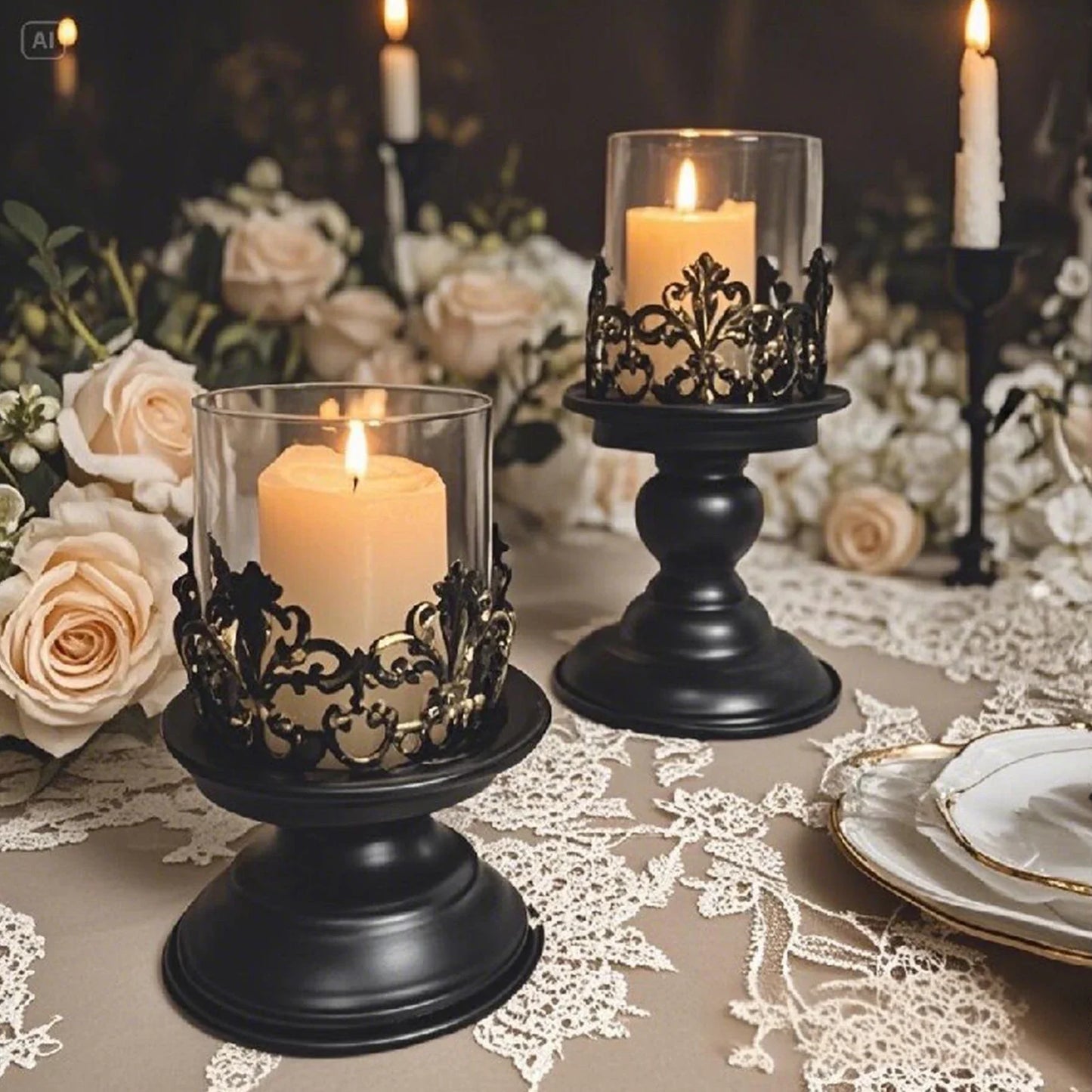 Black Iron Pillar Candle Holders Set of 2 | Home Decor Centerpiece