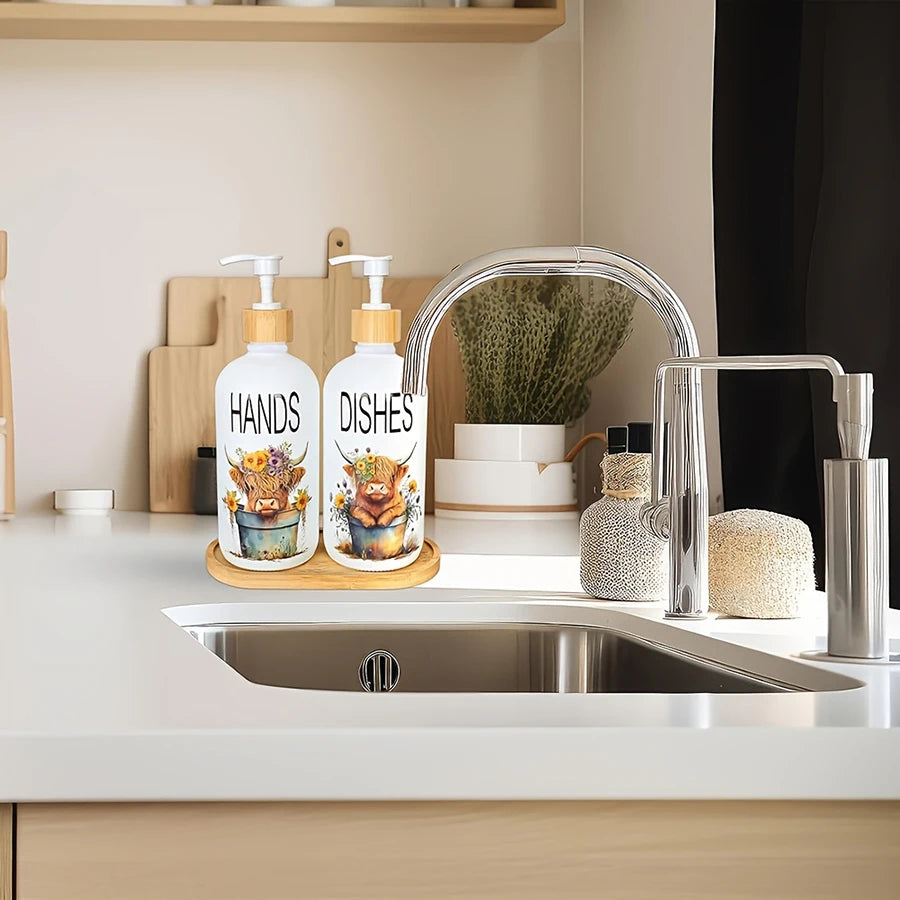 2Pcs Highland Cow Soap Dispenser with Tray – Farmhouse Cow Floral Pump Dispenser Set