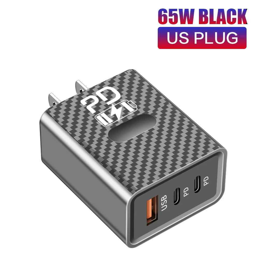 65W USB-C Fast Charger Dual Port PD 3.0 & QC 3.0 Wall Adapter Peaceful Pleasures Health and Wellness US Black