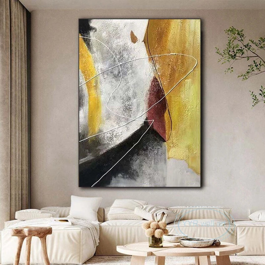 Canvas Art Decor Mural Handmade Modern Abstract Oil Painting Yellow Black Texture Wall Poster For Living Room Bedroom Restaurant Peaceful Pleasures Health and Wellness