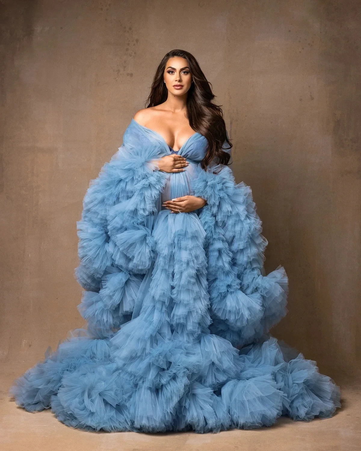 Puffy Ruffled Tulle Maternity Dress Women Robes for Photoshoot Extra Fluffy Baby shower Photographie de vêtements de maternité Peaceful Pleasures Health and Wellness blue US12 China Mainland