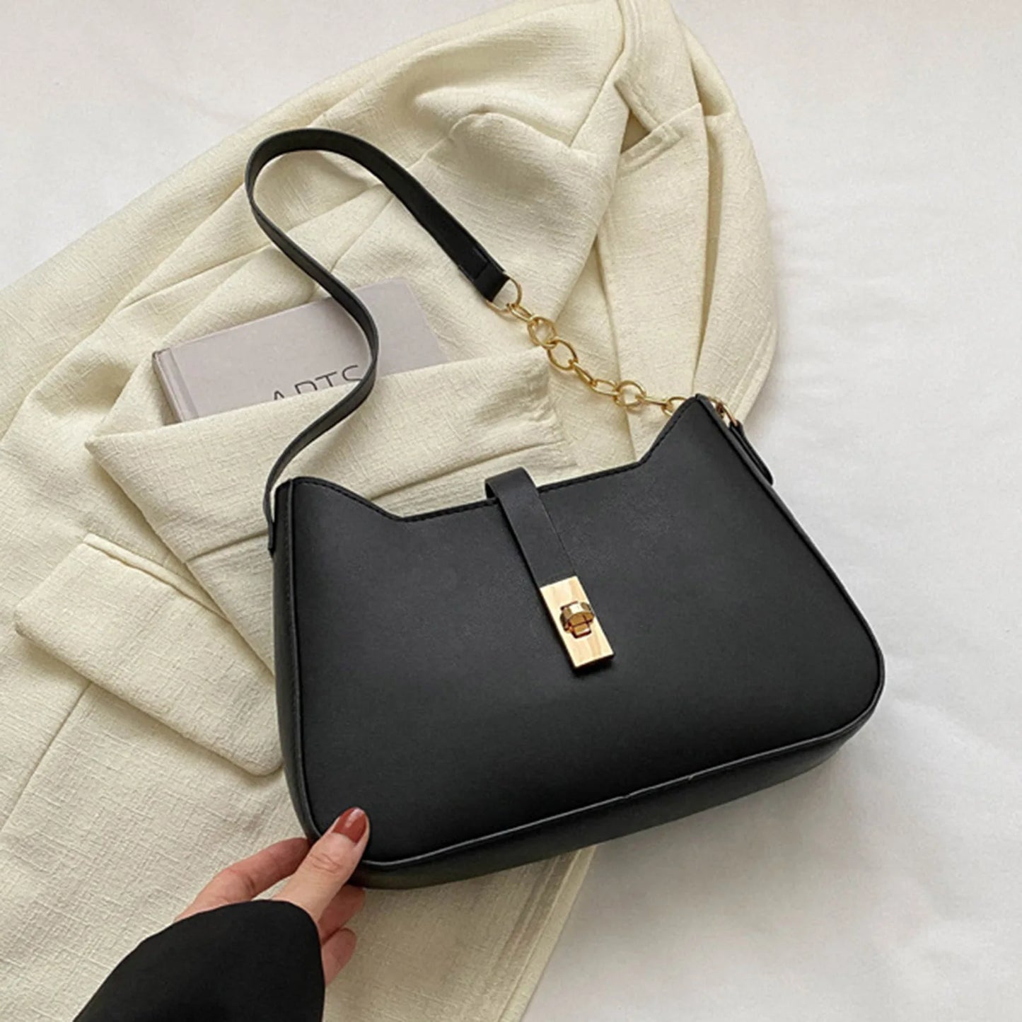Female Vintage Shoulder Bag High-End Design Temperament Leisure Bag for Working Travel Dating Wedding Peaceful Pleasures Health and Wellness Black