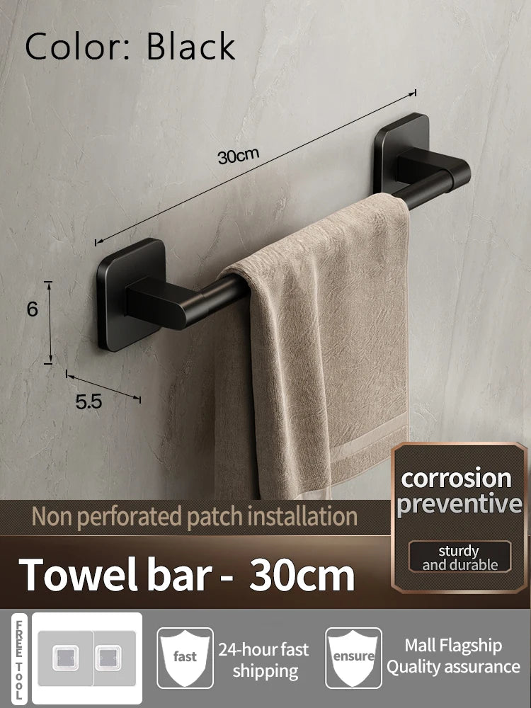 No-Drill Self-Adhesive Towel Bar | Black Aluminum Towel Rack