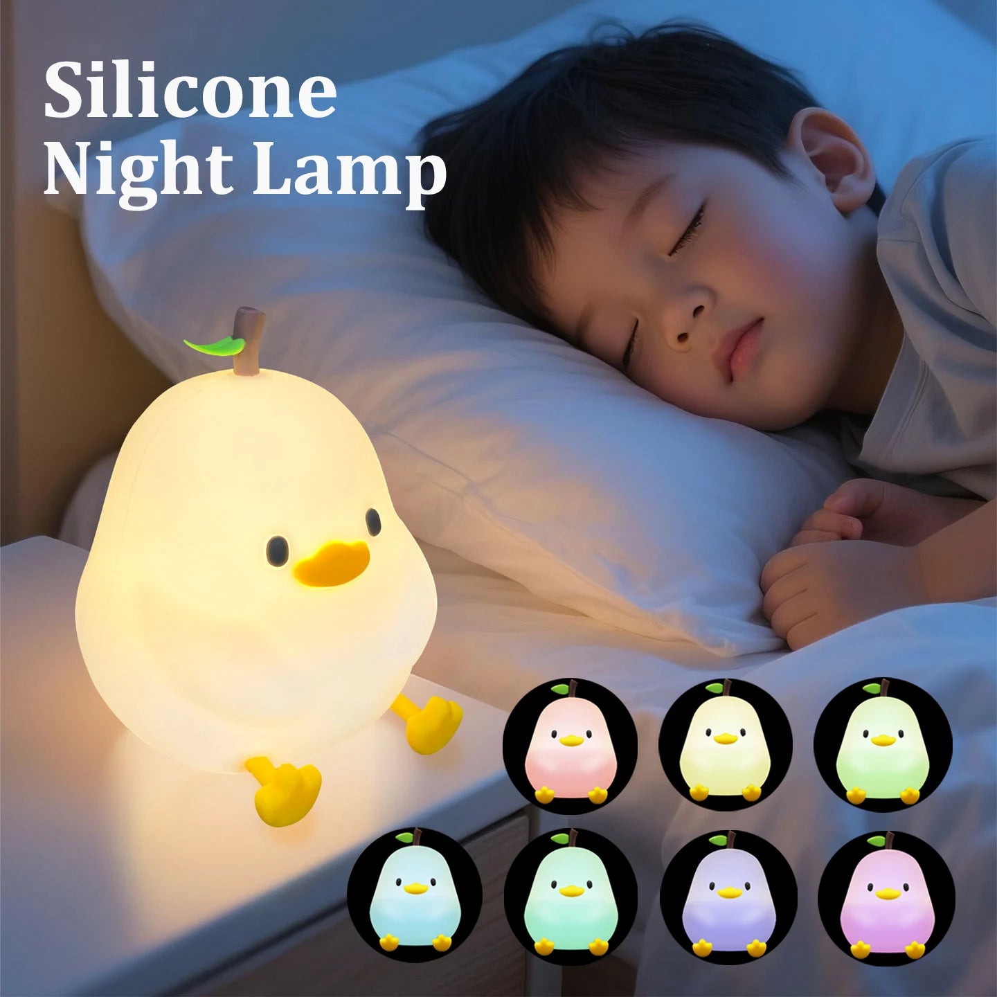 Cute Pear Night Light 7-Color Dimmable Touch-Controlled Night Light Silicone Stress Reducing Pat Duck Lamp USB Rechargeable Peaceful Pleasures Health and Wellness