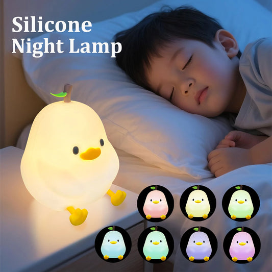 Cute Pear Night Light 7-Color Dimmable Touch-Controlled Night Light Silicone Stress Reducing Pat Duck Lamp USB Rechargeable Peaceful Pleasures Health and Wellness