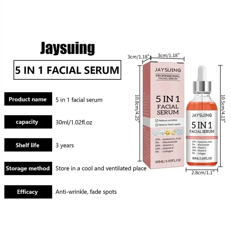 Jaysuing 5 In 1 Hyaluronic Acid Face Serum 30ml Moisturizing Vitamin C Collagen Lightning Facial Serum Shrink Pores Skin Care Peaceful Pleasures Health and Wellness