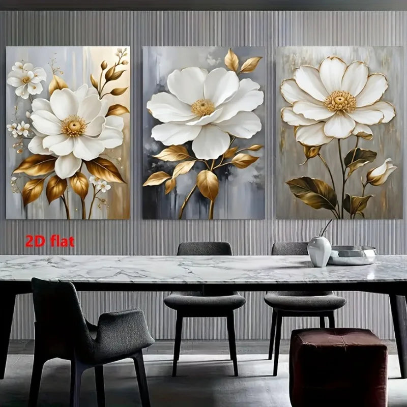3-Piece Golden Leaves White Flowers Canvas Wall Art | Unframed Canvas Wall Art Peaceful Pleasures Health and Wellness