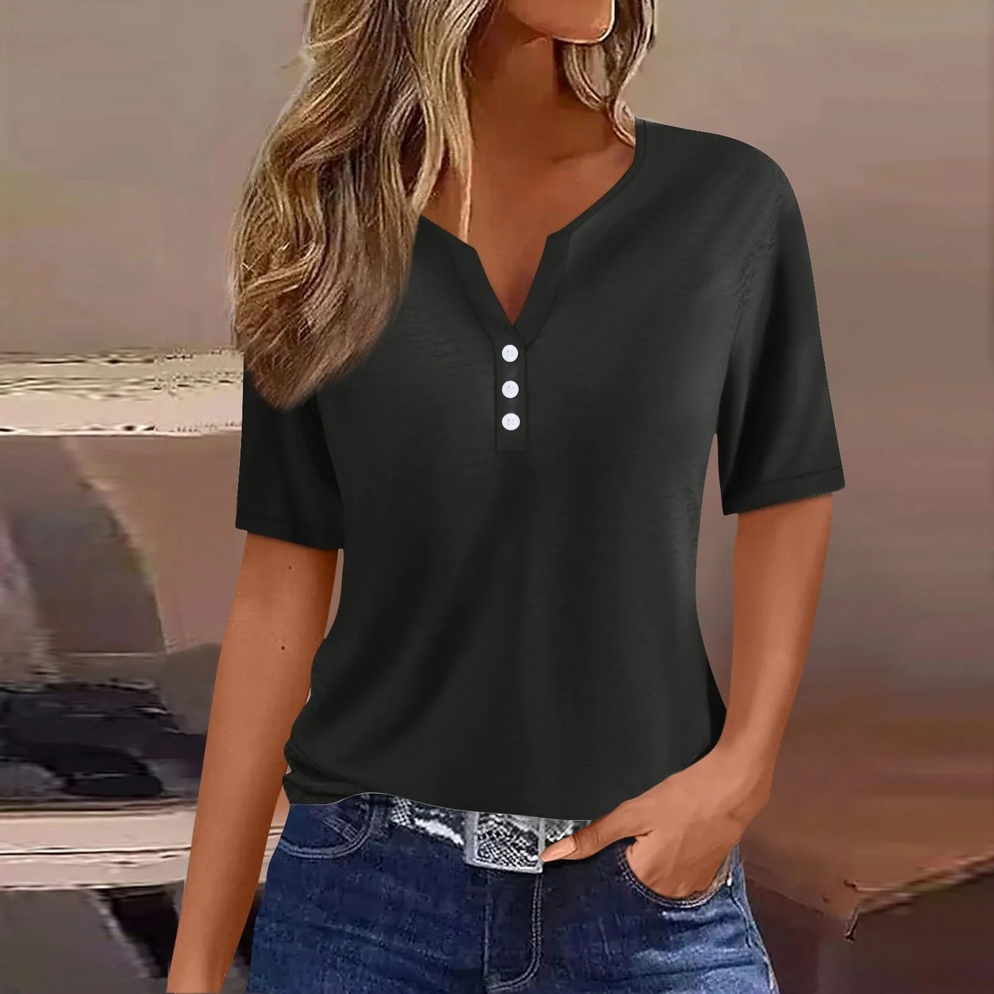 Women Summer Trendy Simple Casual Fashion Button T Shirt V Neck Short Sleeve Solid Loose Pullover Tops Plus Size Ropa De Mujer Peaceful Pleasures Health and Wellness