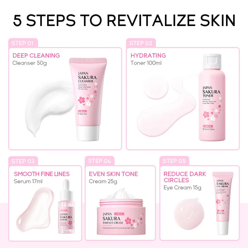 LAIKOU Sakura 5pcs Skin Care Kit Cleanser Toner Serum Eye Cream Essence Cream Moisturizing Beauty Gift Box For Women ﻿ Peaceful Pleasures Health and Wellness